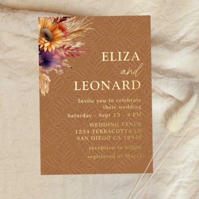 Boho Sunflower Pampas Grass Wedding Foil Invitation (Creator Uploaded)