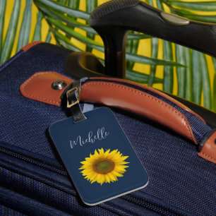 Boho Sunflower Personalized Elegant Navy Blue Luggage Tag
