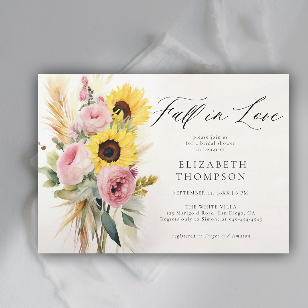 Boho Sunflower Pink Rose Rustic Chic Bridal                    Shower Invitation