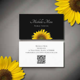 Boho Sunflower QR code Botanical Black Business Card