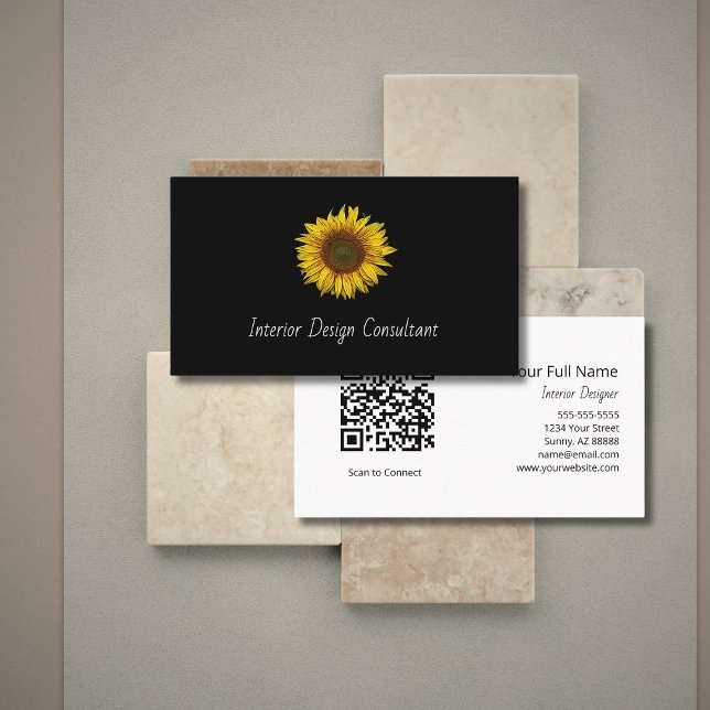 Boho Sunflower QR code Interior Designer Black  Business Card (Creator Uploaded)
