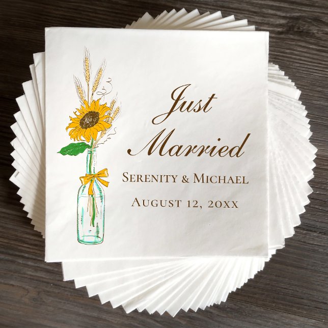 Boho Sunflower Rustic Floral Just Married Wedding Napkins (Creator Uploaded)