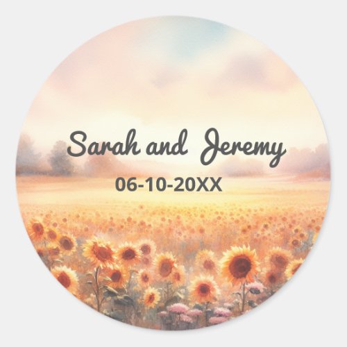 Boho Sunflower Rustic Watercolor Country Wedding Classic Round Sticker