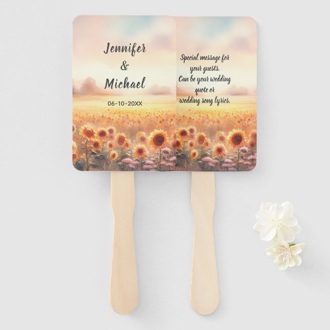 Boho Sunflower Rustic Watercolor Country Wedding Hand Fan (Front and Back)