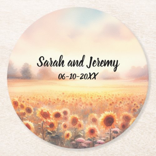 Boho Sunflower Rustic Watercolor Country Wedding Round Paper Coaster