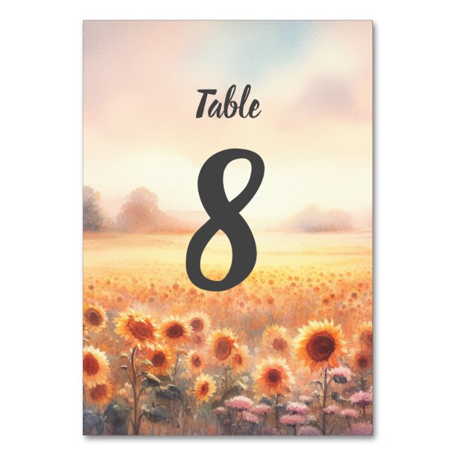 Boho Sunflower Rustic Watercolor Country Wedding Table Number (Front)