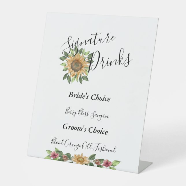 Boho Sunflower Rustic Wedding Signature Drinks Pedestal Sign (Front)