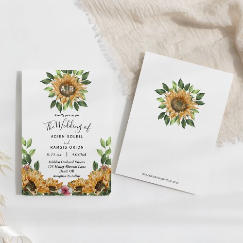 Boho Sunflower Rustic Wildflower Monogram Wedding Invitation