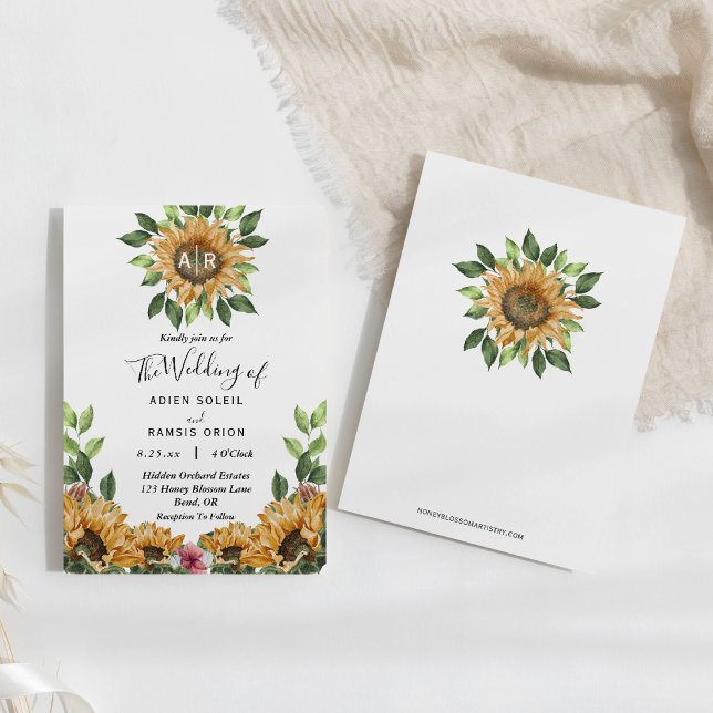 Boho Sunflower Rustic Wildflower Monogram Wedding Invitation (Creator Uploaded)