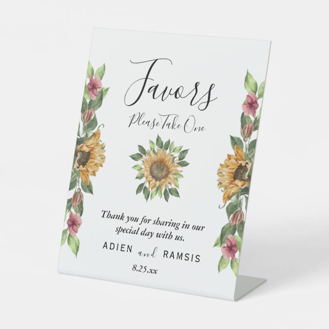 Boho Sunflower Rustic Wildflower Wedding Favors Pedestal Sign (Front)