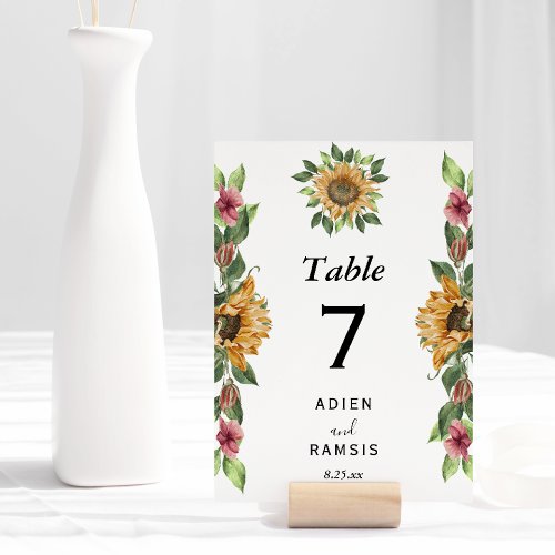 Boho Sunflower Rustic Wildflower Wedding  Table Number