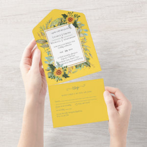 Boho Sunflower Sage Greenery Wedding All In One Invitation