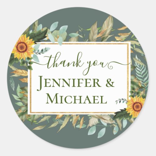 Boho Sunflower Sage Greenery Wedding Classic Round Sticker