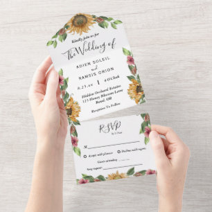 Boho Sunflower Song Request RSVP Wedding All In One Invitation