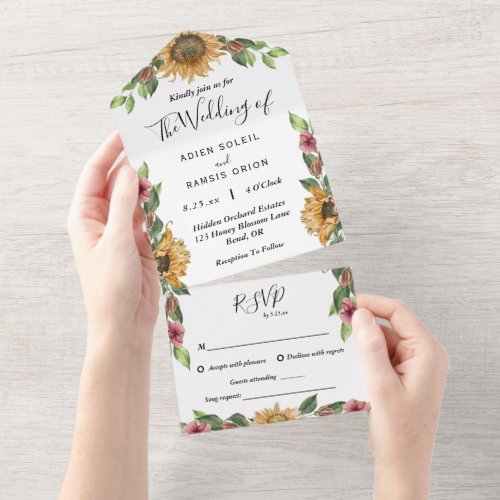 Boho Sunflower Song Request RSVP Wedding All In One Invitation