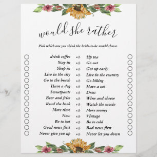 Boho Sunflower Two Sided Bingo Bridal Shower Games