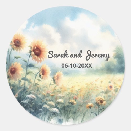 Boho Sunflower Watercolor Rustic Country Wedding Classic Round Sticker