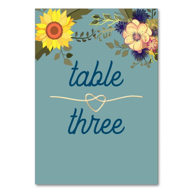 Boho Sunflower Wedding Table Number (Front)