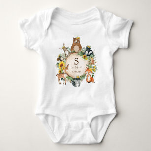 Boho Sunflower Woodland Animals Custom Monogram Baby Bodysuit