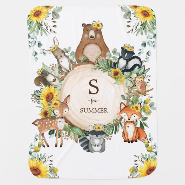 Boho Sunflower Woodland Forest Animals Baby Blanket (Front)