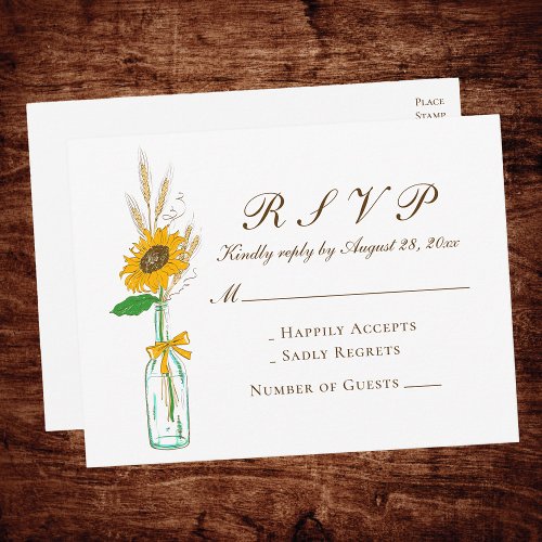 Boho Sunflower Yellow Floral Rustic Wedding RSVP Invitation Postcard