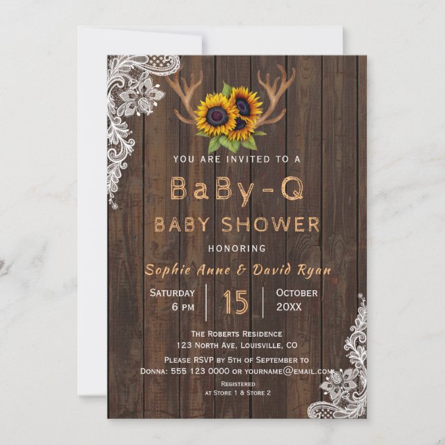 Boho Sunflowers Antlers BaBy-Q Baby Shower Invitation (Front)