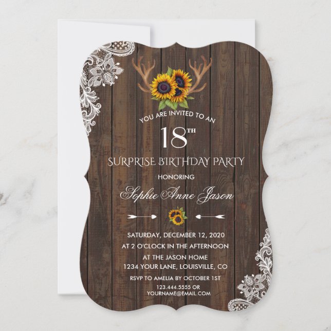 Boho Sunflowers Antlers Wood 18th Birthday Party Invitation (Front)