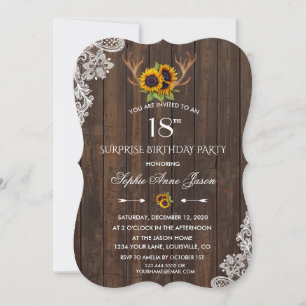 Boho Sunflowers Antlers Wood 18th Birthday Party Invitation