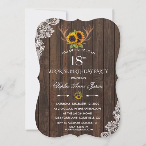 Boho Sunflowers Antlers Wood 18th Birthday Party Invitation