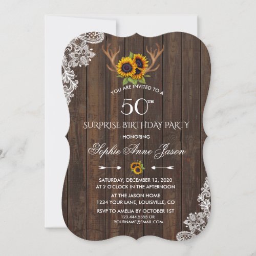 Boho Sunflowers Antlers Wood 50th Birthday Party Invitation