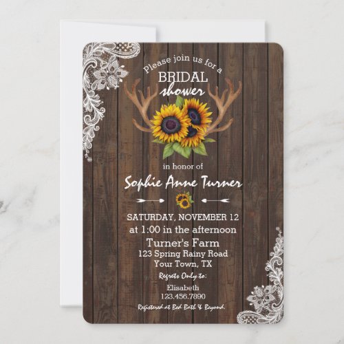 Boho Sunflowers Antlers Wood Lace Bridal Shower Invitation