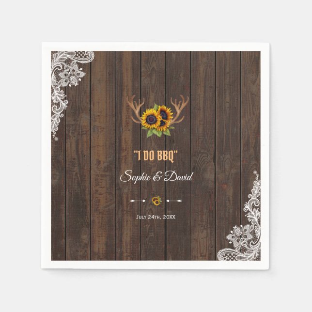 Boho Sunflowers Antlers Wood Lace I Do BBQ Paper Napkins (Front)