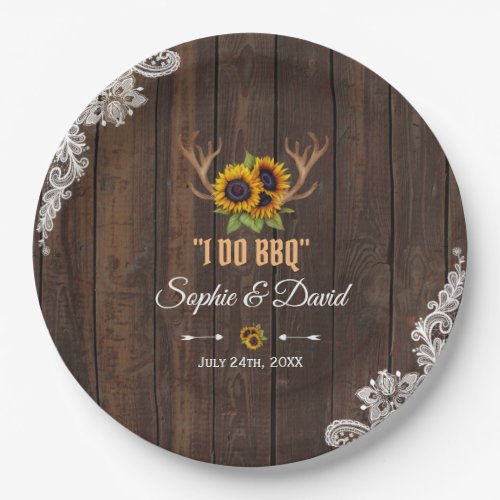 Boho Sunflowers Antlers Wood Lace I DO BBQ Paper Plates