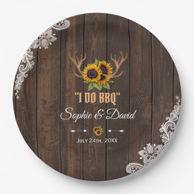Boho Sunflowers Antlers Wood Lace I DO BBQ Paper Plates (Front)