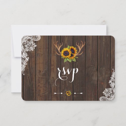 Boho Sunflowers Antlers Wood Lace RSVP Invite