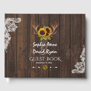 Boho Sunflowers Antlers Wood Lace Wedding Guest Book