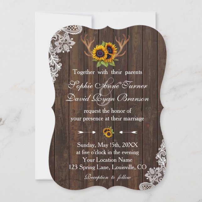 Boho Sunflowers Antlers Wood Lace Wedding Invitation (Front)
