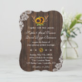 Boho Sunflowers Antlers Wood Lace Wedding Invitation (Standing Front)