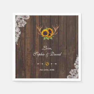 Boho Sunflowers Antlers Wood Lace Wedding Paper Napkins