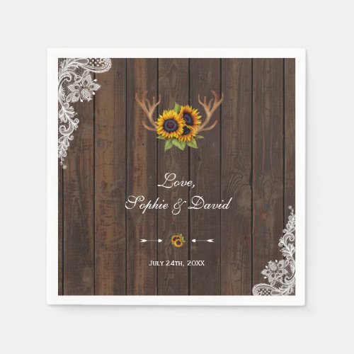 Boho Sunflowers Antlers Wood Lace Wedding Paper Napkins