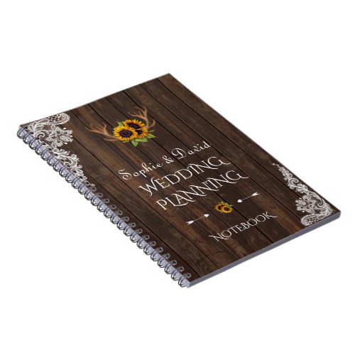 Boho Sunflowers Antlers Wood Lace Wedding Planner Notebook