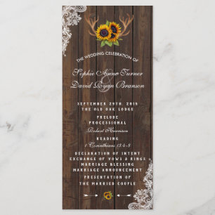 Boho Sunflowers Antlers Wood Lace Wedding Program