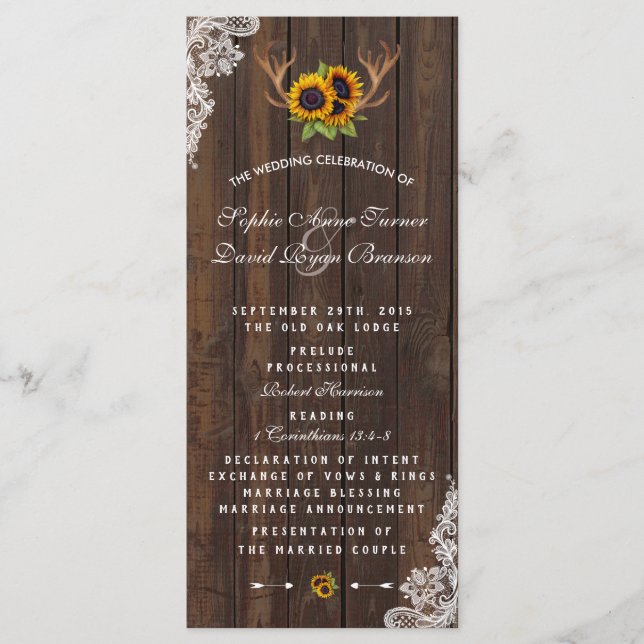 Boho Sunflowers Antlers Wood Lace Wedding Program (Front)