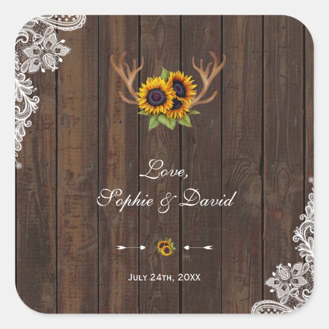 Boho Sunflowers Antlers Wood Lace Wedding Square Sticker (Front)