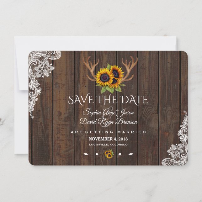 Boho Sunflowers Antlers Wood Wedding Save The Date (Front)