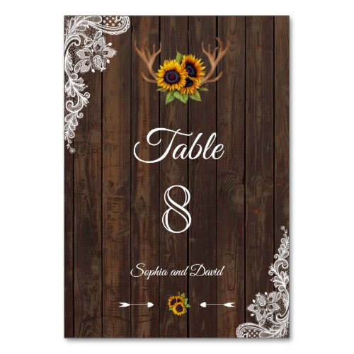 Boho Sunflowers Antlers Wood Wedding TABLE NUMBER