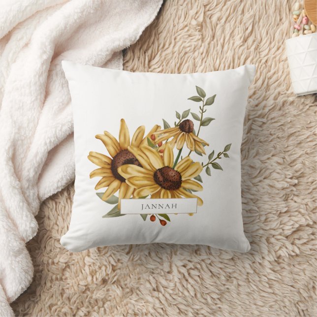 Boho Sunflowers Autumn Fall Monogram Name Throw Pillow (Blanket)