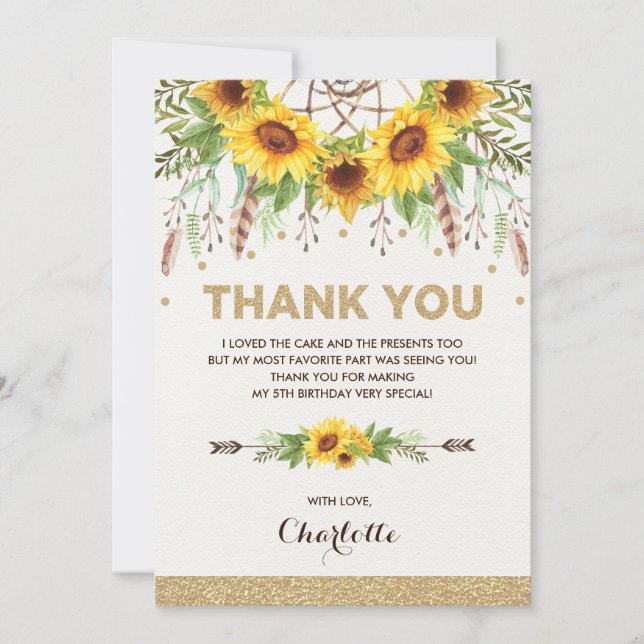 Boho Sunflowers Birthday Watercolor Dreamcatcher Thank You Card (Front)