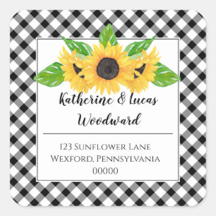 Boho Sunflowers   BW Buffalo Checks Return Address Square Sticker