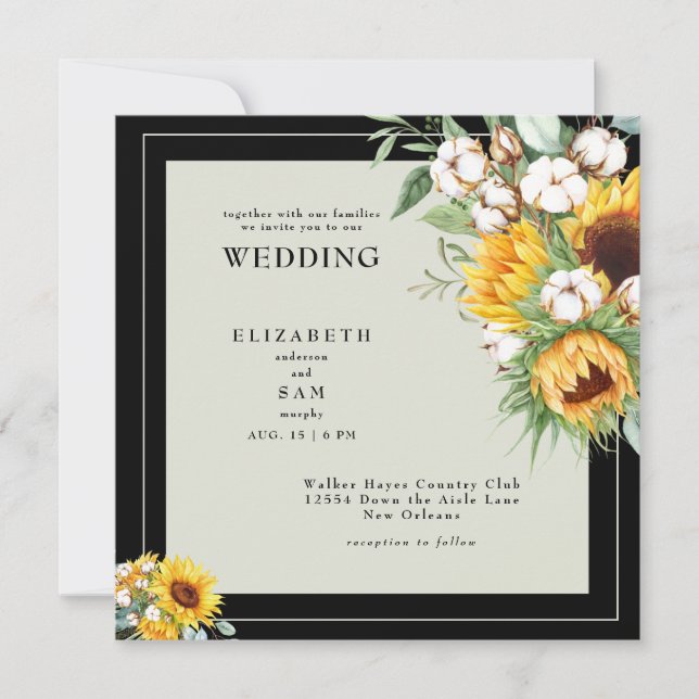 Boho Sunflowers & Cotton Square Black Wedding Invitation (Front)